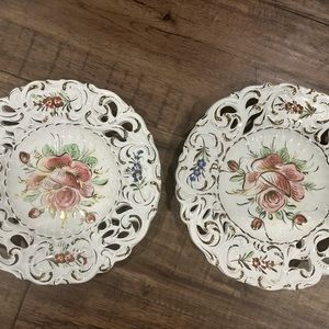 Vintage Italian Floral Reticulated 2 Plates Hand painted Gold Accents 8.25"